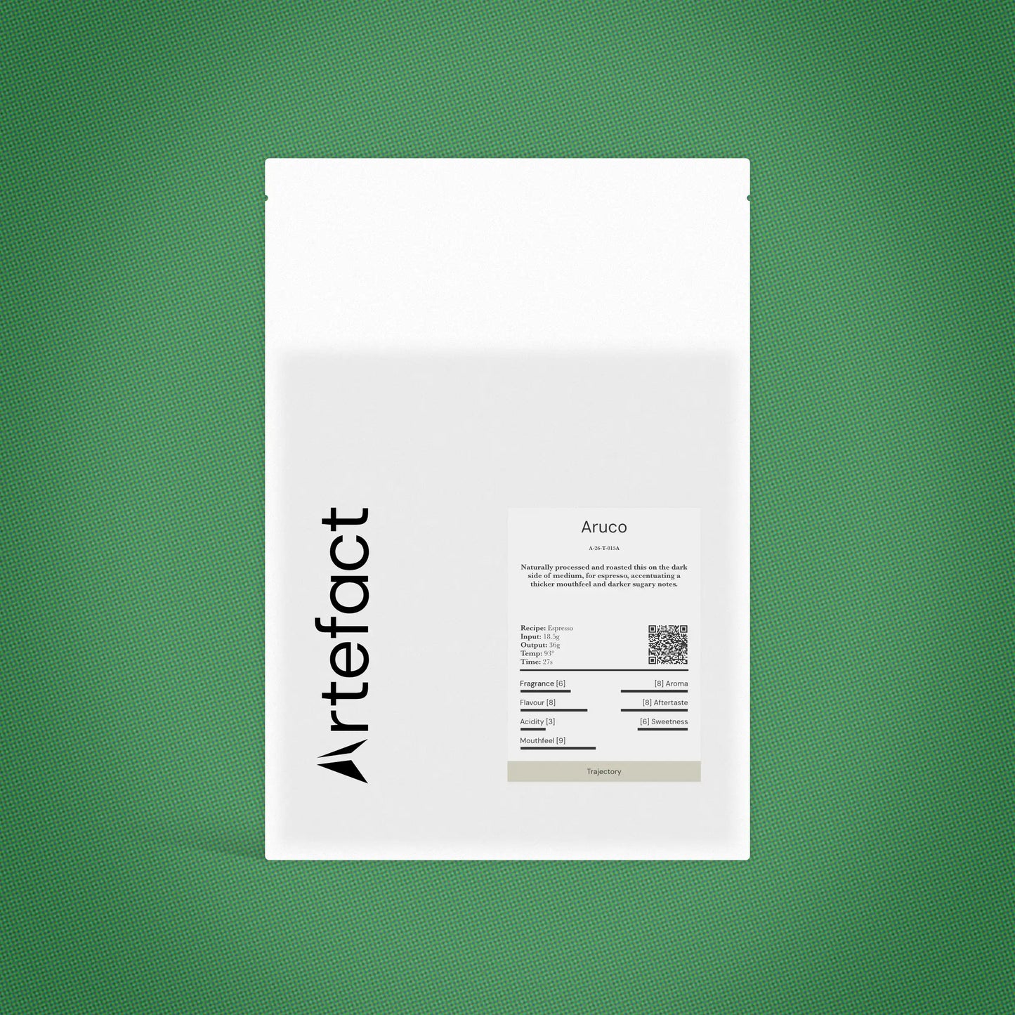 White product packaging with 'Artefact' branding on a green background