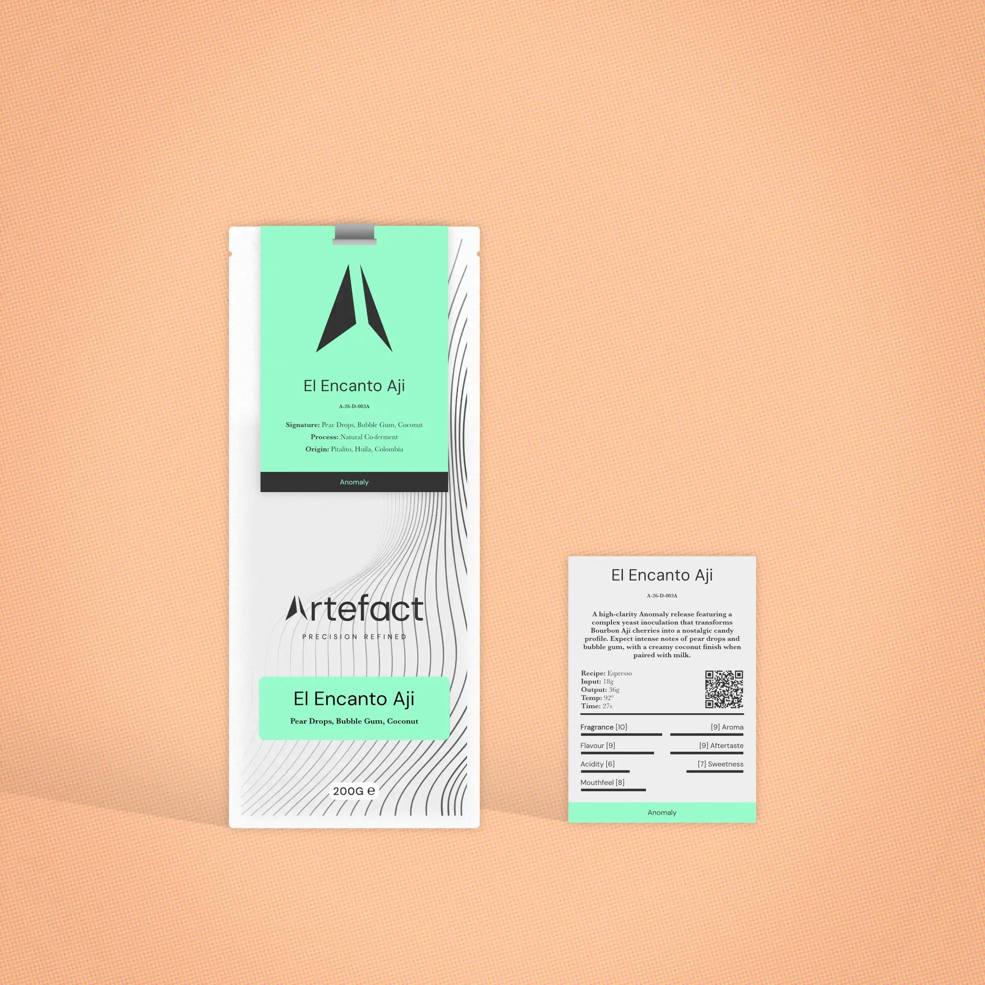 Product packaging with 'Artefact' branding on a peach background