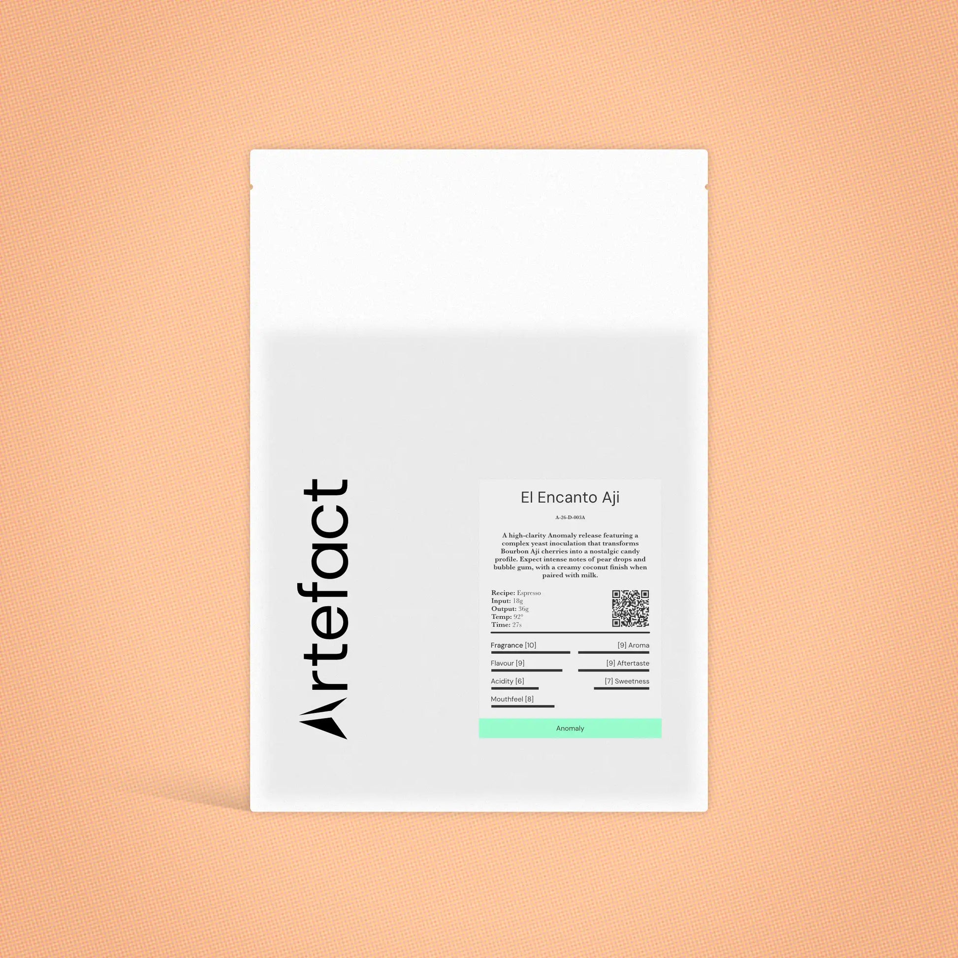 White product packaging with black text on a peach background