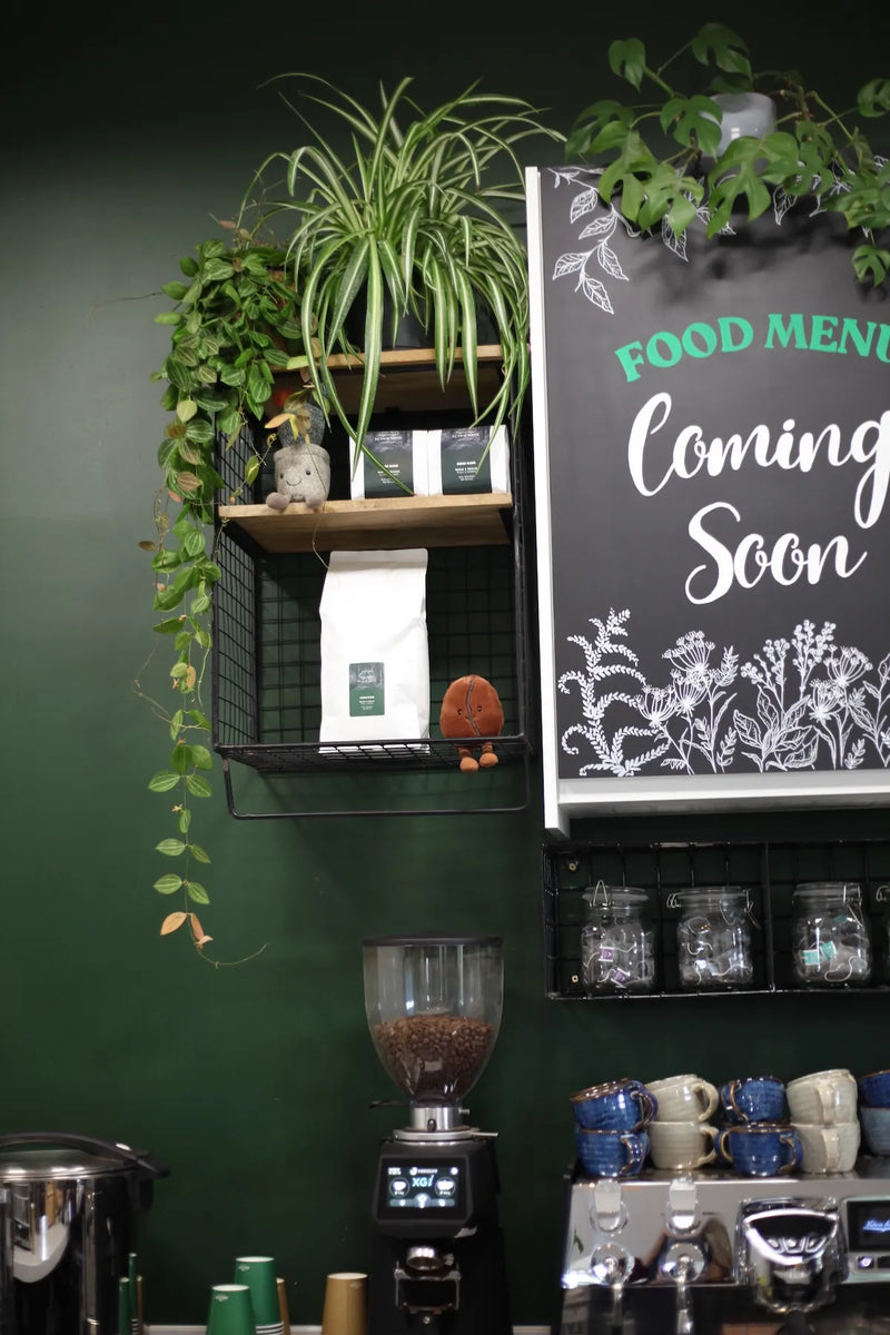 Coffee shop interior with a coffee grinder, shelves with plants and coffee supplies, and a 'Coming Soon' food menu sign.