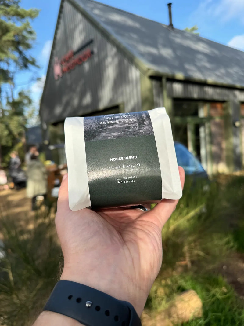 Hand holding a tea package with a building in the background
