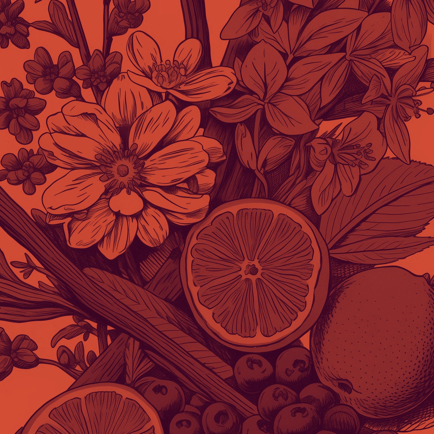 Illustration of flowers, leaves, and fruits on an orange background