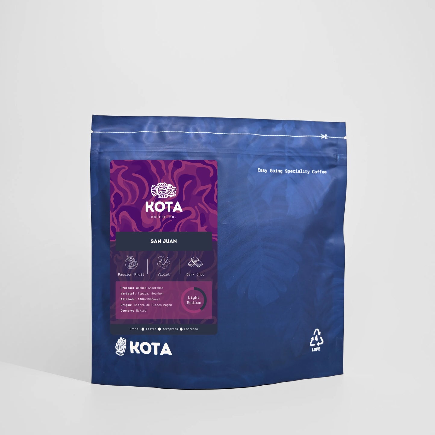 Kota coffee package with purple label on a white background