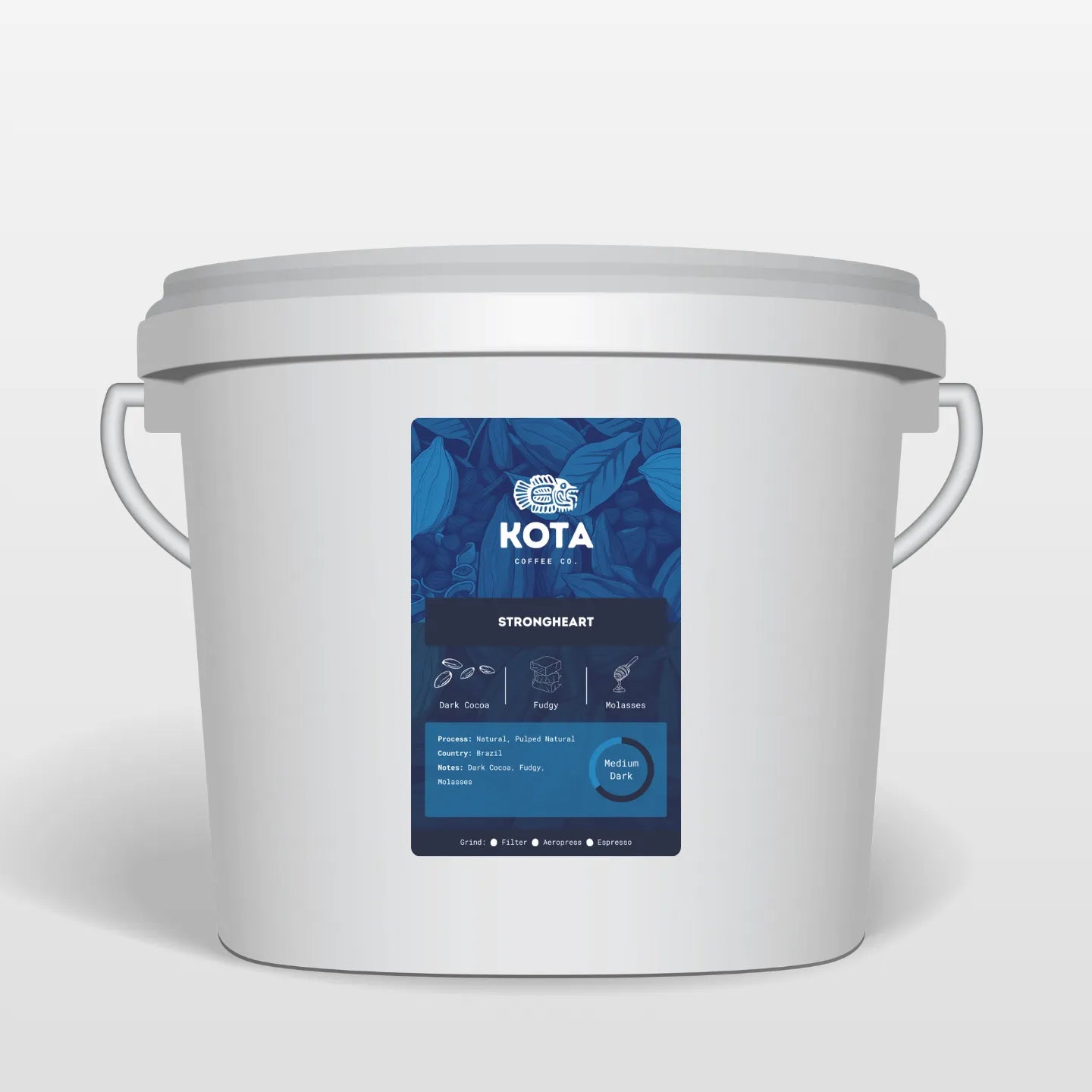 White container with a blue label featuring 'Kota Coffee Co.' on a white background