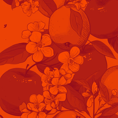 Illustration of apples and flowers on an orange background